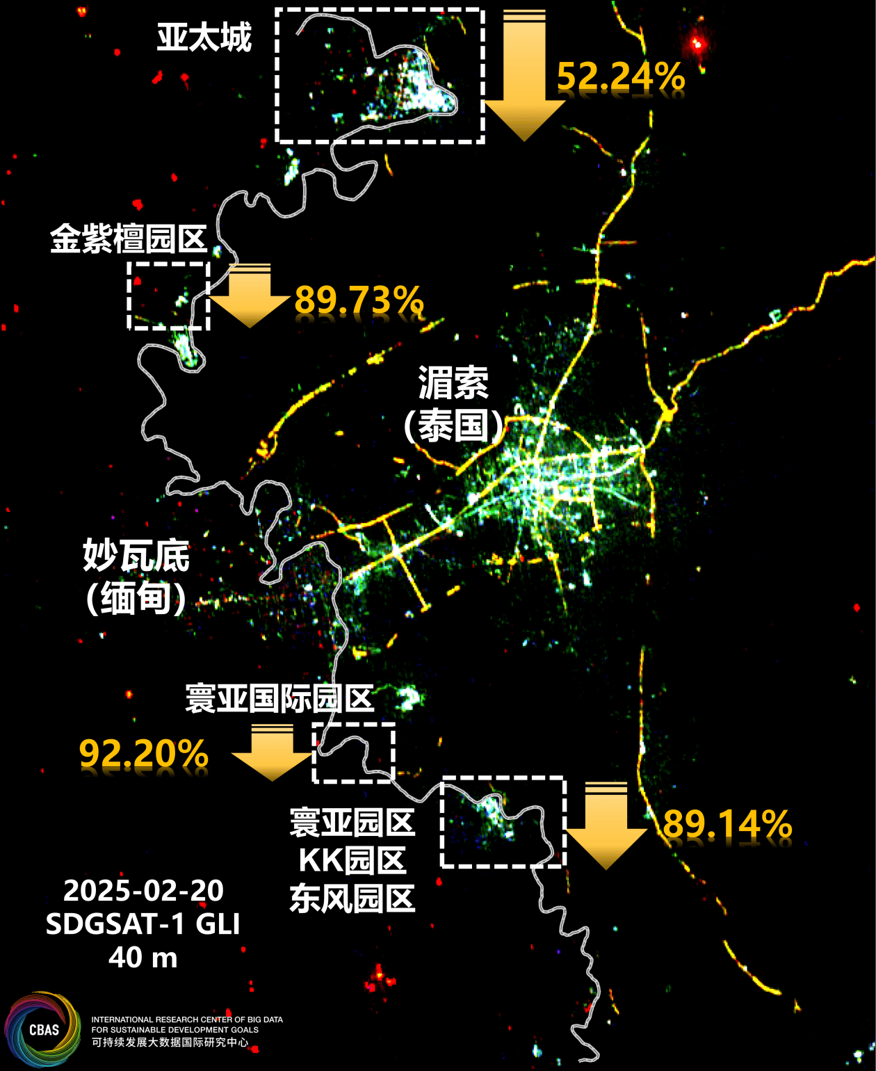 “三断”之后，卫星图显示妙瓦底电诈园区“夜景暗淡”